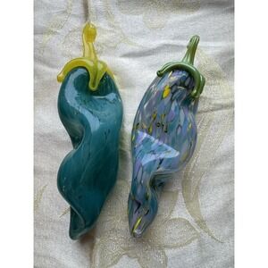 Art Glass Handblown Murano Style Blue Yellow Green Peppers Curled Stem Vegetable